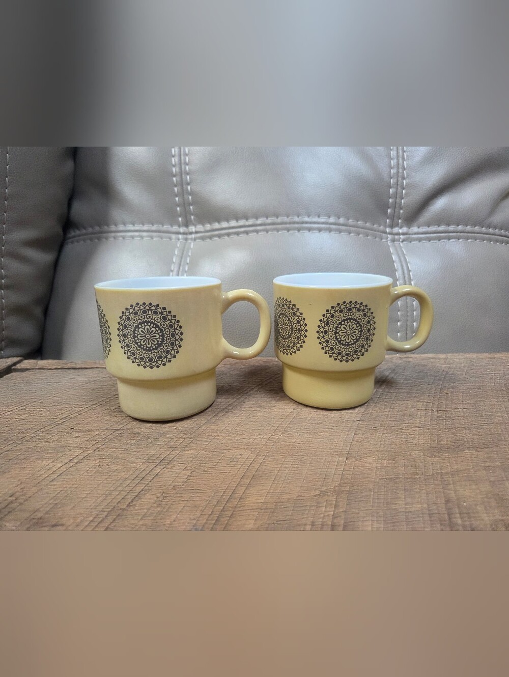 Vintage MCM Mandala Medallion Milk Glass Stacking Mugs Harvest Gold Boho Retro